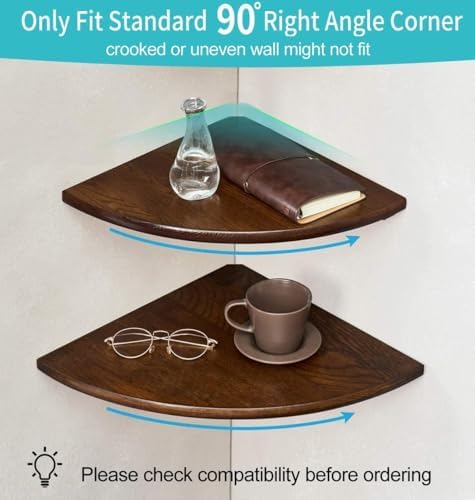 Corner Shelf, Solid Oak Wood Floating Corner Shelf Wall Mount Round End Floating Speaker Shelves with Wire Hole for Small Plant Photo Frame for Bedroom Kitchen, Living Room (Walnut, 7in) - Image 5