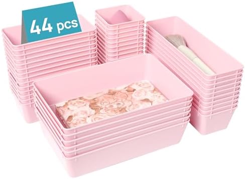 Vtopmart 44 PCS Plastic Drawer Organizers Set, Vanity Organizer Trays, Pink by Vtopmart