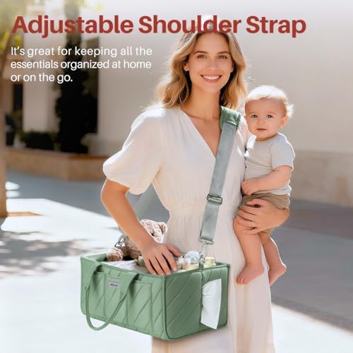 Baby Essentials Diaper Caddy Organizer – Portable Storage Basket with Shoulder Strap & Stroller Hooks, Splashproof Quilted Nursery & Car Tote, Gender Neutral Gifts for Baby Shower, Sage Green - Image 3