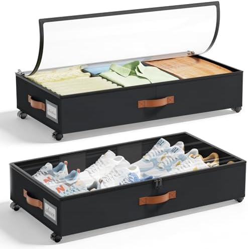 LAMU Under Bed Storage with Wheels, 2 Pack Under Bed Storage Containers with Clear Lids & Label, Rolling Under Bed Drawers for Clothes, Shoes, Blankets, Black by YourHome-OrganizationHelper