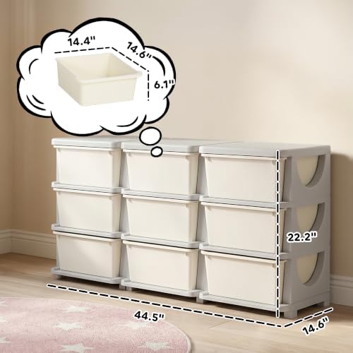 Qaba 9 Drawers Kids Storage Unit 3 Tier Toy Organizers Cream White - Image 3