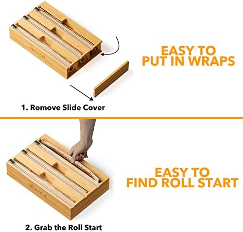 SpaceAid WrapNeat 3 in 1 Wrap Organizer with Cutter and Labels, Plastic Wrap, Aluminum Foil and Wax Bamboo Dispenser for Kitchen Storage Organization Holder for 12" Roll (Natural) (Pack of 2) - Image 4
