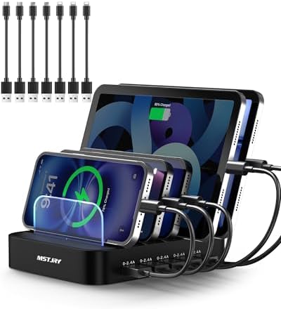 MSTJRY Charging Station for Multiple Devices : 5 Port Multi USB-A Charger Stations Multi-Device Organizer Charging Dock Designed for iPhone iPad Cell Phone Tablets (7 Short Cables Included), Black by MSTJRY