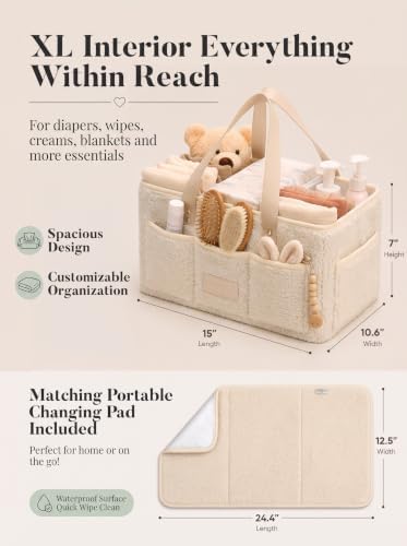 Baby Diaper Caddy Organizer with Waterproof Changing Pad, Beige - Image 5