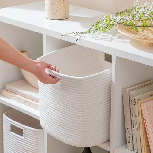 UBBCARE Set of 4 Cotton Rope Basket 13 X 13 X 13 Inches, Woven Storage Baskets for Shelves, Organizing with Handles, Cube Storage Bins for Storage Books, Magazines, White - Image 5