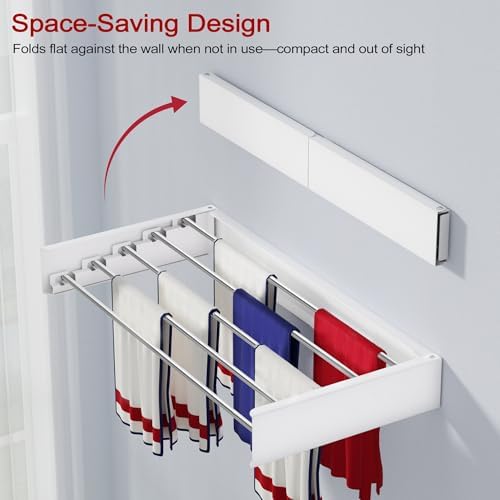 Wall Mounted Drying Rack 23.6", Foldable Laundry Drying Rack with Stainless Steel Rods, Retractable Laundry Space Saver for Indoor & Outdoor Use, Include Wall Template - Image 3