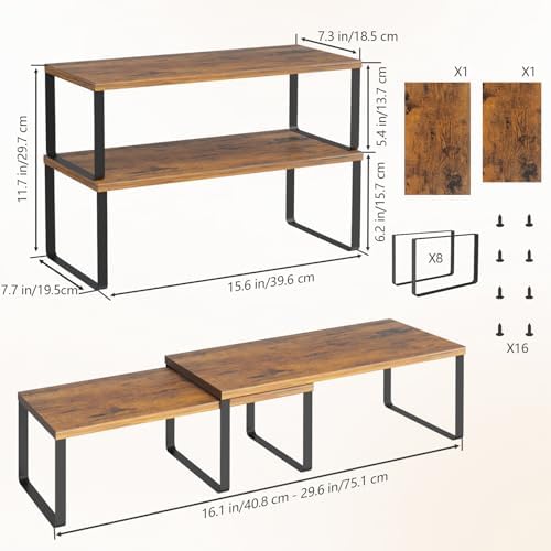NEX Cabinet Organizer Shelf, Set of 2 Kitchen Counter Shelves, Spice Rack, Stackable Kitchen Shelves Organizer, Pantry Cupboard Dish Mug Cup Storage Shelf, Black and Brown - Image 3