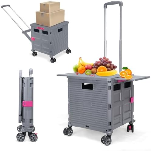 Foldable Utility Cart Rolling Crate Handcart Shopping Cart with Rotate Wheels Extended Magnetic Lid Telescoping Handle Adjustable Angle for Transports Groceries Office Teacher File(Gray) by SELORSS