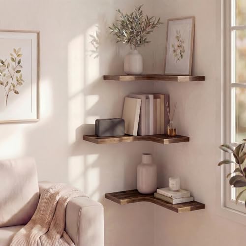 Corner Floating Shelves for Wall Mounted L-Shaped Wood Corner Wall Shelf, Hanging Shelf for Bathroom, Bedroom, Kitchen, Living Room, Office, Home Decor, Set of 3 (Brown) - Image 3