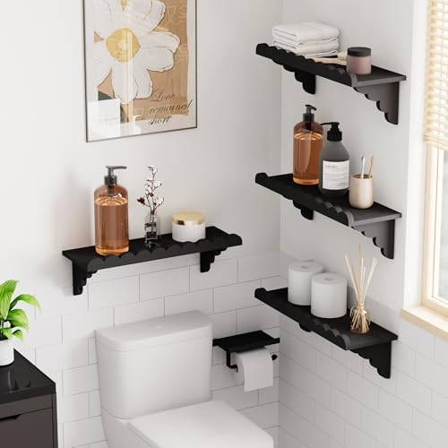 QsQueen Scalloped Wood Wall Shelf – 17 Inch Floating Shelf with Wood Brackets, Easy to Install Rustic Wall Shelf for Living Room, Bedroom, Bathroom, or Any Space, Black Shelves - Image 5