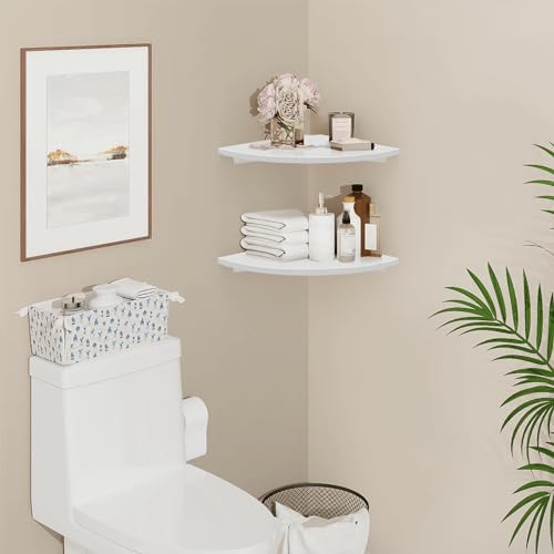 Homode Corner Wall Shelf, 12 in Wide Rounded Corner Shelf Floating, Set of 2 Wooden Hanging Corner Shelves with Wire Hole for Bathroom Living Room Office, White - Image 2