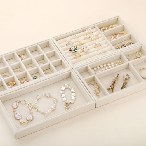 Elsjoy 8 Pack Velvet Jewelry Trays, Stackable Jewelry Organizer Trays for Drawers, Beige Jewelry Storage and Display Tray Inserts for Necklaces, Rings, Earrings - Image 4