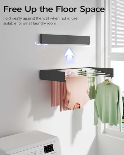 Vikaqi Wall Mounted Clothes Drying Rack 32", Foldable Wall Mount Laundry Rack Folding Indoor, Drying Rack Clothing Collapsible, Hidden Space Saver with Wall Template, 5 Rods, Black - Image 2