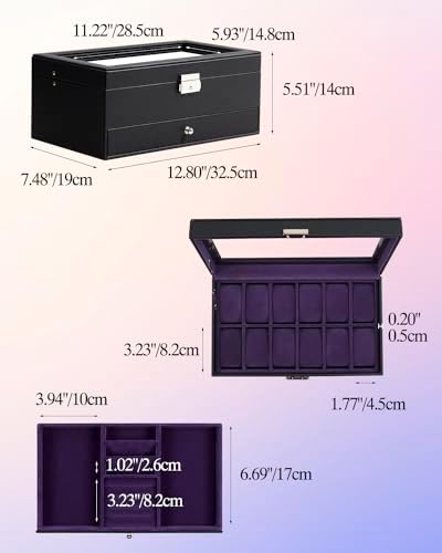 GUKA Watch Box, 12 Slot Watch Case, Watch Cases for men with Real Glass Lid, Synthetic Leather Watch Organizer storage with Jewelry Case, Birthday for Men and Women, Blue Purple - Image 5