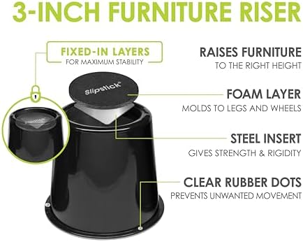 Slipstick CB672 Premium 3 Inch Bed Risers/Furniture Raisers with Steel Reinforced Caster Wheel Holder Top, Lifts Height 3" (4 Pack) Supports 2,640 Pounds, Black, Stackable with CB671 - Image 2