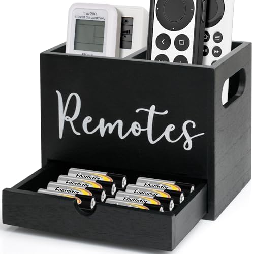 Remote Control Holder, 2 Slot TV Remote Holder& Desk Organizer with Drawers, Remote Organizer Caddy for Table, Wooden Remote Box for Nightstand,Media Storage Box for Living Room, Bed (Black) by BUYNOW