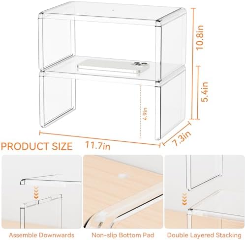 Yieach 2 Pack Acrylic Cabinet Organizer,2 Tier Stackable Shelves for Cabinets,RV Pantry Organization,Counter Space Saver Desk Organizers,Cupboard Shelf and Cabinet Stand & Risers for Mug,Cup,Dish - Image 3