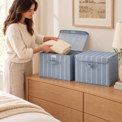 Decorative Linen Storage Boxes with Lids - Spacious Set of 2 Organizer Bins - Image 6
