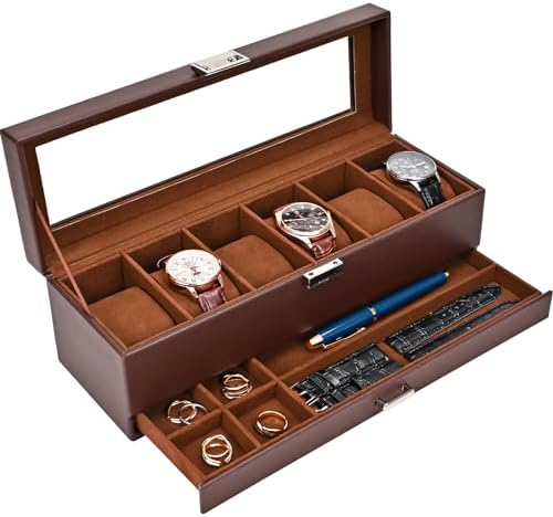 ProCase Watch Box, 6 Slot Watch Display Case with Drawer -Espresso by ProCase