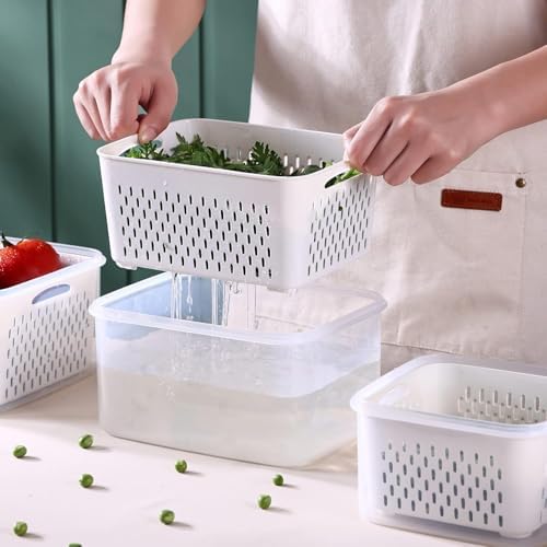 Large Fridge Food Storage Container Set with Lids with Strainer, Fruit Vegetable Storage Containers Keep Fruits, Vegetables, Berry, Meat Fresh longer, BPA-Free Plastic Produce Keepers - Image 3