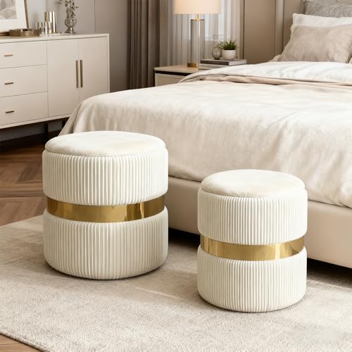Round Ottoman with Storage Set of 2 White Velvet Vanity Stool - Image 5
