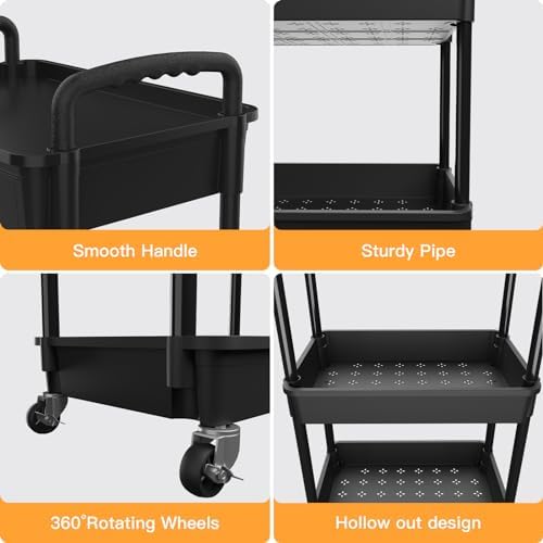 3 Tier Rolling Utility Cart with Drawer,REBECAT Utility Cart Made of Multifunctional Storage Organizer Tool for Kitchen,Bathroom,Living Room,Office(Black) - Image 2