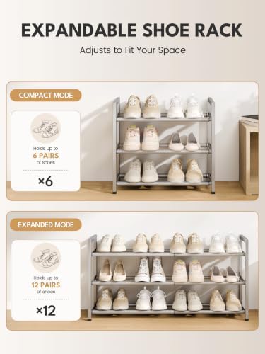 Bumusty 3 Tier Expandable Shoe Rack for Closet, Light Grey - Image 6