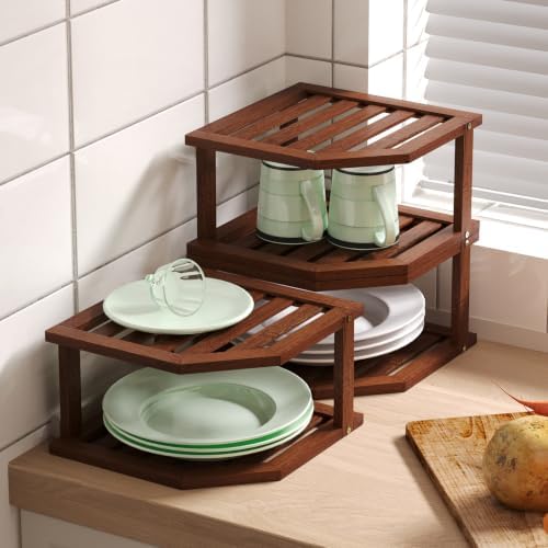 VERTORGAN 2 Tier Bamboo Corner Shelf 3 Pack Plate Organizer Kitchen(Brown) - Image 2