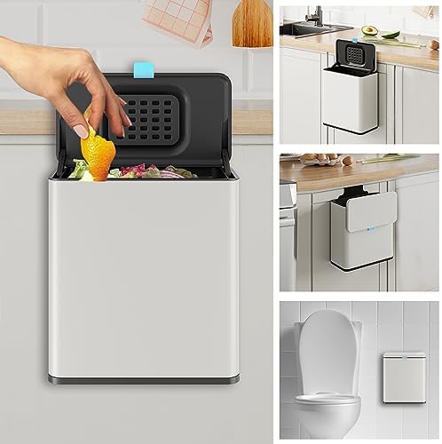 Stainless Steel Hanging Trash Can with Lid and Inner Bucket, 2 Gallon Kitchen Compost Bin for Counter Top, Under Sink or Wall Mount, Small Garbage Can for Cupboard/Bathroom/Bedroom/RV, White by LINSSEN
