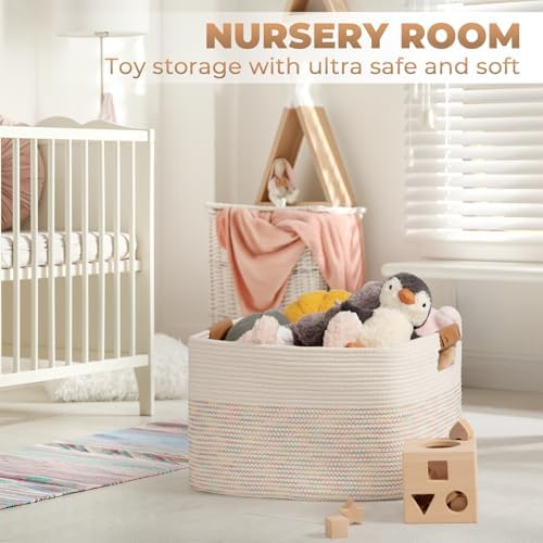 danpinera 108L Large Basket for Living Room, Boho Decorative Basket Organizing with Handles, Cotton Rope Storage for Toys, Pillows, Clothes, 25’’*16’’*16’’ Rainbow - Image 3