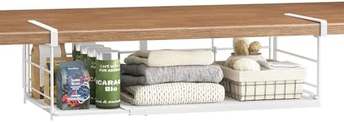 Expandable Under Cabinet Shelf, Extendable Under Shelf Storage with Removable Wire-Like Back for Pantry Cabinet, Laundry Room, Shoe Rack. (White, 1 Pack, Interior: 5" H x 10" D) by SHINEWON