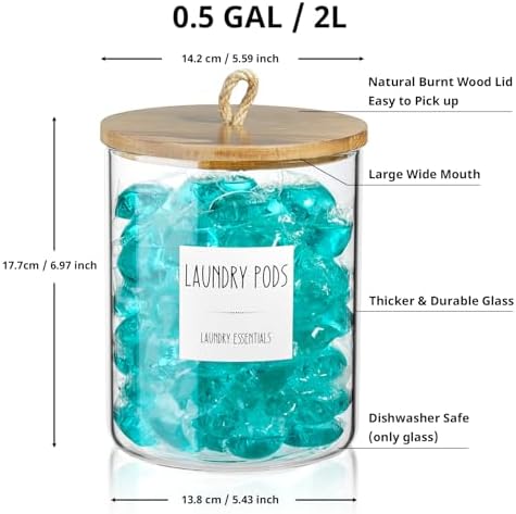 Glass Laundry Pods Container, Half Gallon 2 Liter Laundry Jars with Wood Lids for Laundry Room Organization and Storage, Powder Detergent Holder for Laundry Room Decor and Accessories - Image 2