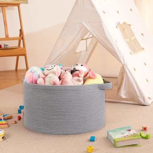 OIAHOMY 90L Extra Large Blanket Basket - Decorative Cotton Rope Storage Basket for Bedroom, Living Room & Nursery - Woven Laundry Hamper for Organizing Blankets, Clothes & Toys - Light Grey - Image 6