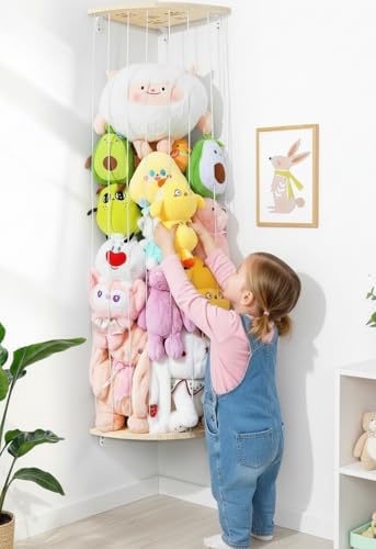Wooden Stuffed Animal Storage Corner, Height Adjustable Plush Toy Organizer, Wall Mount Stuffed Animal Holder for Kids Room Playroom Nursery by Befayoo