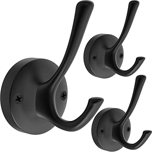TOFIIGREM Black Wall Hooks Towel Hooks, 3 Pack Coat Hooks Robe Hook Heavy Duty Metal Double Bath Hook Wall Mounted, Hand Towel Hooks for Entryway Bathroom Kitchen Closet Garage by TOFIIGREM
