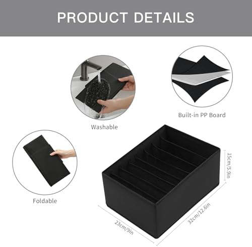 Qozary 4 Pack Drawer Organizers for Clothing, 8 Grids Foldable Closet Organizers and Storage Bins for Bedroom, Dresser Organizer Boxes for Thin T-shirts, Tank Tops (Black, Upgrade Height) - Image 5