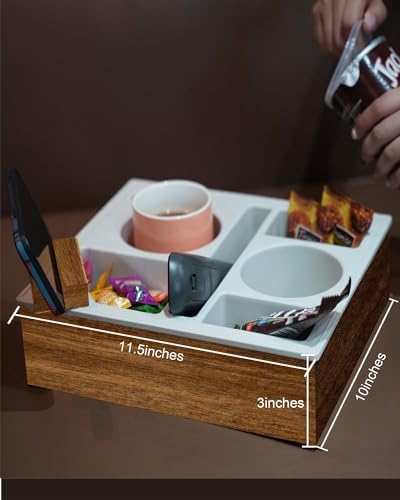Couch Cup Holder Tray, Hitseon Soft Food Grade Silicone Acacia Wooden Couch Caddy for Bed Car Seat Beach Organizer, Anti-Spill Couch Drink Holder for Snacks Beverage Remote (Black, 11.5 * 10 * 3 in) - Image 3