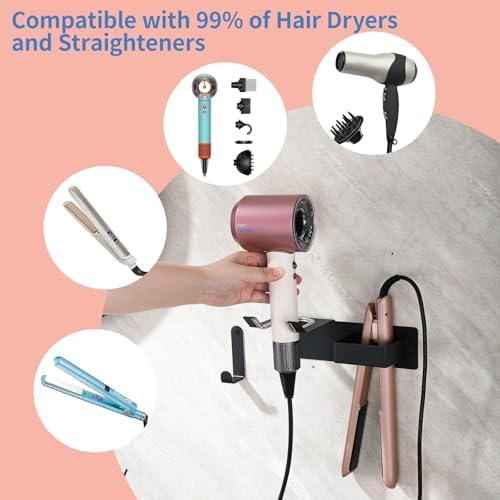 Hair Dryer Holder Wall Mounted, Hair Tool Organizer Wall Mount for Bathroom, Stainless Steel Hair Dryer Holder, Blow Dryer Holder Adhesive/Drilling Hair Dryer and Straightener Holder Black UEMUSI - Image 2