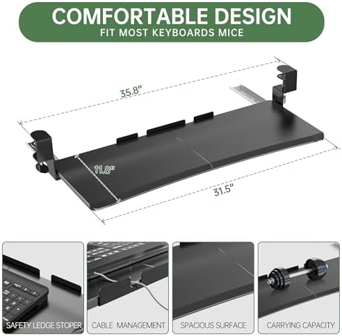UPGRAVITY Extra Large Keyboard Tray Under Desk - Slide Out with Sturdy C-Clip Mount System, 31.5" (35.8" Including Clamps) x 11.8" Put-Out Keyboard Tray Computer Drawer for Ergonomic Typing, Black - Image 7