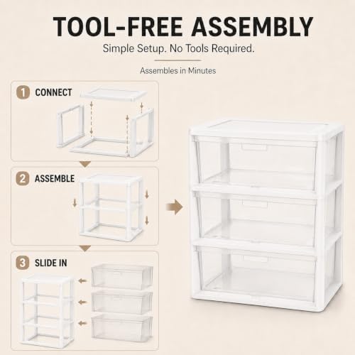Plastic Storage Drawers, 3 Drawer Tower with Clear Removable Bins, White - Image 7