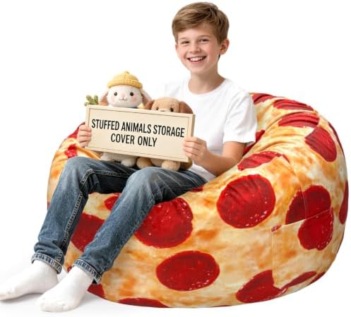 Lukeight Pizza Stuffed Animal Storage Bean Bag Chair Cover for Teens, Velvet Plush Toy Organizer Seat, Cover Only, No Filling Included, Long YKK Zipper, Side Pocket, XX-Large 36"D x 20"H by Lukeight