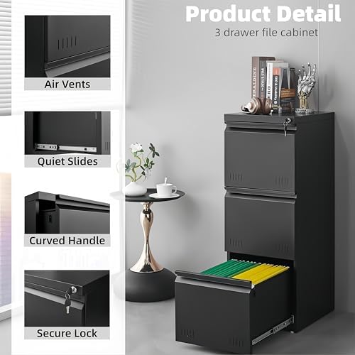 Approgreent Vertical 3 Drawer File Cabient with Lock, Metal Filing Cabinets for Home Office, Heavty Duty Office Storage Cabinet for A4/Letter/Legal (Matte Black) - Image 4