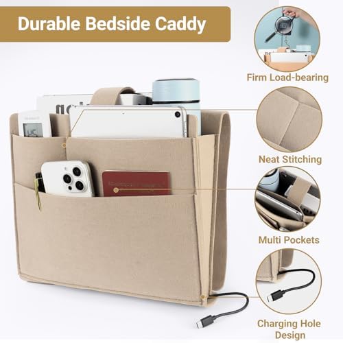 Seefoo Bedside Caddy, Large Bed Caddy Organizer with Cord Slit, Beige - Image 6