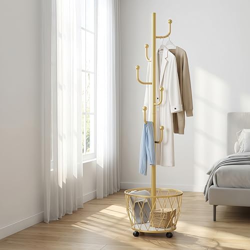 Gold Moveable Cactus Metal Coat Rack with Basket Freestanding 65inch - Image 5