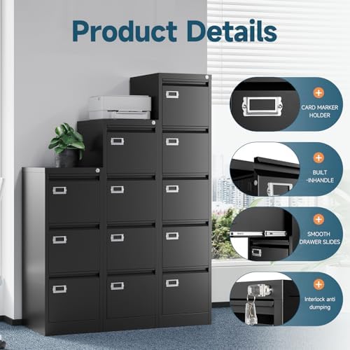 MIIIKO 5 Drawer File Cabinet, Black Vertical Filing Cabinets with Lock, Home Office File Folders Storage Cabinet for Letter Legal File Size. - Image 5