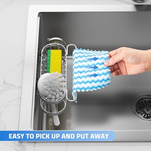 Cisily Kitchen Sink Caddy Sponge Holder in The Sink, Stainless Steel Kitchen Sink Organizer, Brush Holder, Dish Cloth Hanger, Sink Stopper Holder (Suction cup-Grey) - Image 5