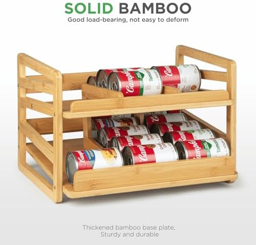 2 Tier Bamboo Rolling Can Rack Organizer for Pantry Up To 27 Cans - Image 3