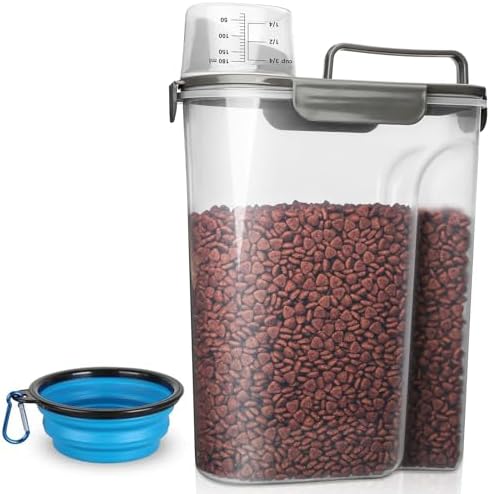 TIOVERY Dog Food Storage Container, 5-7 Lbs Airtight Pet Food Container, Cat Food Container Dispenser Plastic Bin with Pouring Spout, Portable Handle and a Collapsible bowl for Dogs Cats Grey/6Qt by TIOVERY
