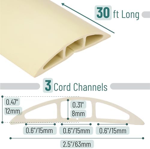 Bates- Floor Cord Cover, 30ft, Cable Cavity 0.6" (W) x 0.31" (H), Heavy Duty Wire Protector, PVC Extension Cords Hider, Protect Cords, Prevent Cable Trips, Cord Hider for Office, Home, Outdoor - Image 2