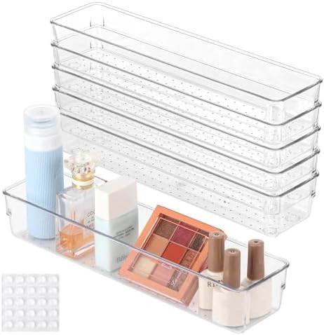 6 Pcs Large Clear Plastic Drawer Organizers Tray 12"x3" Storage Bins with 25 Pcs Non-Slip Pads for Makeup, Jewelries, Kitchen Utensils, Bathroom and Office by Ohlove